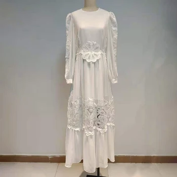 VGH Kratinys Nėrinių Balta Suknelė Moterims, O Kaklo Žibintų Rankovėmis Aukštos Juosmens Siuvinėjimų Suknelės Moterų Mados Naują Drabužių 2020 m.