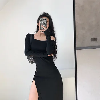 2020 m. rudenį naujų nuožulnios pečių stora montavimo klubo seksuali suknelė ilgomis rankovėmis padalinta juodas ilgas sijonas dizaino prasme