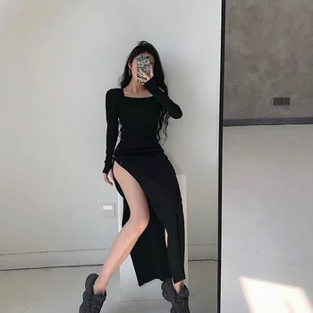 2020 m. rudenį naujų nuožulnios pečių stora montavimo klubo seksuali suknelė ilgomis rankovėmis padalinta juodas ilgas sijonas dizaino prasme