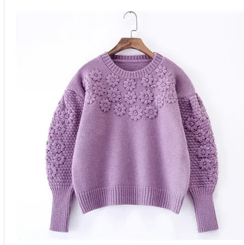 2020 m. rudens ir žiemos naujų korėjos tingus stiliaus žibintų rankovėmis megztinis megztinis trimatis gėlių siuvinėjimas megztinių moterims