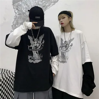 Korėjos naujas netikrą dviejų dalių ilgomis rankovėmis moteriški drabužiai animacinių filmų spausdinti derliaus pora tees hip-hop street o-kaklo negabaritinių marškinėlius