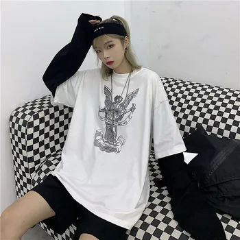 Korėjos naujas netikrą dviejų dalių ilgomis rankovėmis moteriški drabužiai animacinių filmų spausdinti derliaus pora tees hip-hop street o-kaklo negabaritinių marškinėlius