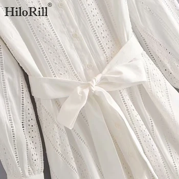 HiloRill Elegantiškas Moterų Siuvinėjimo Balta Suknelė Ilgomis Rankovėmis Varčias Vintage Suknelė Ponios Stovėti Apykaklės Mini Suknelė Vestidos Mujer