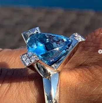 Blue Rainbow Akmens Meilės Trikampio Vestuvinis Žiedas Moterų Vestuvių Papuošalai Kristalų Cirkonis Žiedas, Vestuviniai Aksesuarai, 925 Sidabro Žiedas