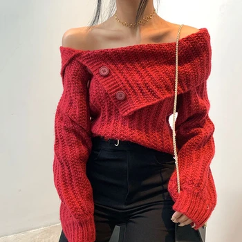 2020 Gatvės Mados puloveris Moterų megztinis Megztas nuo Vieno Peties žibintų rankovės seksualus Trikotažas Rudens Žiemos Jumper SW54
