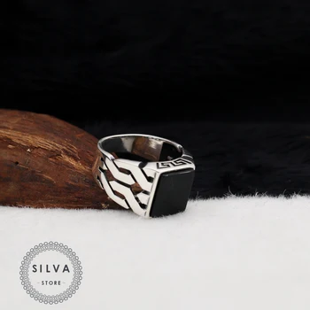 Silva Originalus 925 Sterlingas Sidabro Žiedas Vyrams Onyx Black Agato Akmuo S925 sidabro bižuterijos Dovana Mens Žiedai Visų dydžių