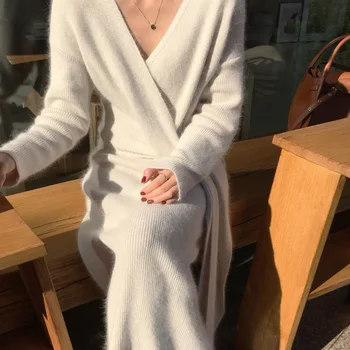 Naujas Elegantiškas Megzti Suknelę Moteris, V-kaklo Visą rankovės Purus vilnos megztinis Suknelė moteriška rudens-žiemos trikotažas jumper korėjos 2020 m.