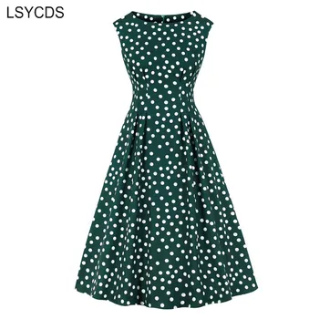LSYCDS Elegantiška Vintage Polka Dot Suknelė Moterims Aukšto Juosmens Slim Midi Vidurio Blauzdos Suknelės Rankovių O-Kaklo Šalis Vasaros Atsitiktinis Suknelė