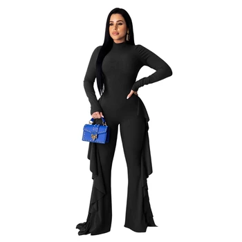 Moteriški Jumpsuit Atsitiktinis Ilgomis Rankovėmis Golfo Kietas Jumpsuits Elegantiškas Bendras Kelnės Šalies Pynimas Playsuit Ponios Streetwear
