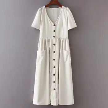 Vasarą vieną krūtinėmis lino suknelė moterims v kaklo atsitiktinis kelio ilgio suknelė vintage kišenės ponios retro suknelė