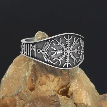 Šiaurės vikingų odin simbolis Varnas Rune Vegvisir Nerūdijančio plieno Žiedas Su Valknut Dovanų Maišelis