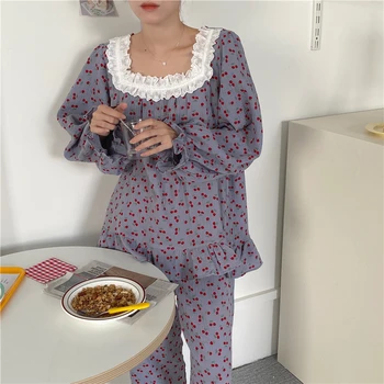 Vyšnių spausdinimo pižama rinkinys moterims dviejų dalių rinkinys, namų drabužių medvilnės pijamas pavasarį, rudenį sleepwear long sleeve top ziajać Y266