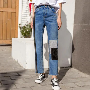 2019 m. pavasario gatvės hip-hop moterų užtrauktukas spalva klijuokite pleistrą džinsinio audinio kelnės su kutais kelnės tiesios kojos