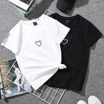 2019 m. Vasarą Poros Mėgėjams T-Shirt Lady Studentų Laisvalaikio Baltos Viršūnės Moterų Marškinėliai Meilė Širdies Siuvinėjimo Spausdinti Marškinėlius Moteris