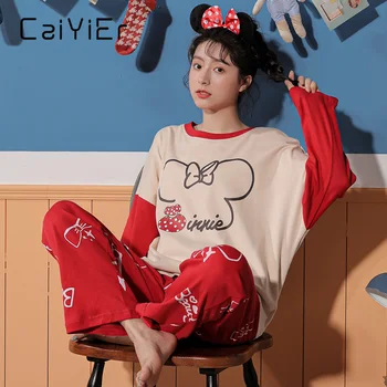 CAIYIER Naujas 2020 Raudona Pelės Spausdinti Medvilnės Pižama Nustatyti Saldus Mergaičių Sleepwear O-Kaklo Atsitiktinis Minkštas naktiniai drabužiai Pavasarį, Rudenį Apatiniai