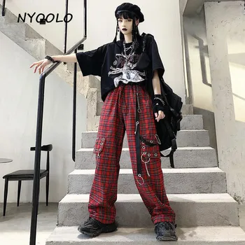 NYOOLO Harajuku streetwear grandinės Pledas didelio juosmens pločio kojų kelnės moterims Vasaros prarasti elastinga juosmens kišenės hip-hop jogger kelnės