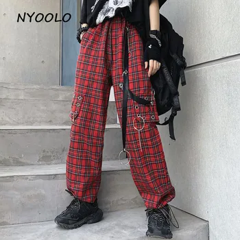 NYOOLO Harajuku streetwear grandinės Pledas didelio juosmens pločio kojų kelnės moterims Vasaros prarasti elastinga juosmens kišenės hip-hop jogger kelnės