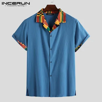 INCERUN Etninės Stiliaus Vyrų Marškinėliai trumpomis Rankovėmis Atvartas Atsitiktinis Spausdinti Kratinys 2021 Camisas Medvilnės Vyrų Afrikos Marškinėliai Streetwear 3XL