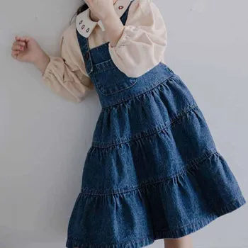 WLG mergaitės pavasarį, rudenį sluoksnių suknelės vaikams dirželis mėlyna džinsinio audinio pynimas kišenėje mielas suknelė baby girl šalies drabužių 1-6 metų