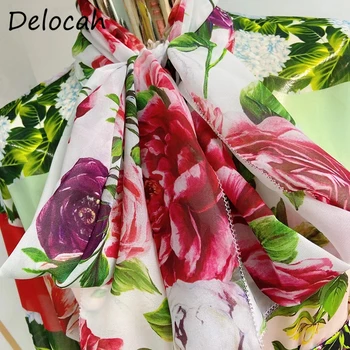 Delocah Vasaros Moterų Mados Kilimo Ir Tūpimo Tako Šalies Midi Suknelė Žibintų Rankovės Lankas Kristalų Gėlių Spausdinti Ponios Laisvi A-Line Dresses 2021