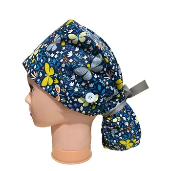 Ilgų Plaukų Šveitimas Slaugytoja Skrybėlę gorros quirurgicos Gėlių Bouffant Sanitarijos Kepurė su juodos spalvos juosta ant galvos Animacinių filmų Spausdinimo Slaugos Kepurės Šveitimas Bžūp