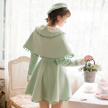 Princesė saldus lolita žalia cotten suknelė Saldainių lietus Gėlių ornamentu-line Netikrą dviejų dalių, Siuvinėjimo Japonų dizaino C16CD6179