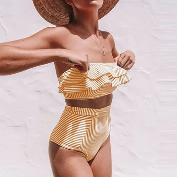 INGAGA 2020 Bandeau maudymosi Kostiumėliai Moterims Aukšto Juosmens Bikini Rinkinys Sexy Pynimas maudymosi kostiumėlį, Dryžuotas Spausdinti Biquini Vasaros Paplūdimio Maudymosi Kostiumai