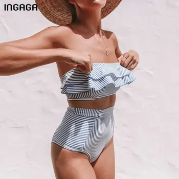 INGAGA 2020 Bandeau maudymosi Kostiumėliai Moterims Aukšto Juosmens Bikini Rinkinys Sexy Pynimas maudymosi kostiumėlį, Dryžuotas Spausdinti Biquini Vasaros Paplūdimio Maudymosi Kostiumai