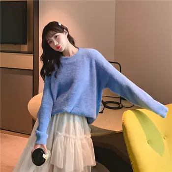 Dirbtiniais audinių, vilnos laisvi megztiniai megztinis moteriška vientisos spalvos apvalios kaklo tingus ilgomis rankovėmis patogus megztinis Džemperis moterims pavasario