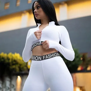Rudenį 2020 atsitiktinis streetwear laišką užtrauktukas midriff viršaus ir kelnės dviejų dalių rinkinys moterims slim stretch fitneso tracksuit komplektai