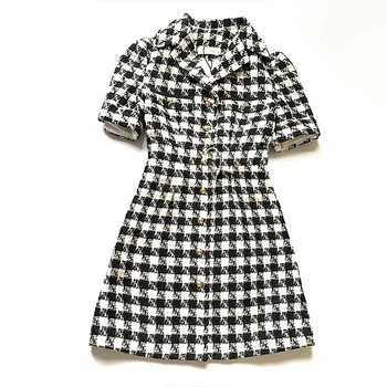Naujas patikrinti mažas kvepalų suknelė rupi tvido juosmens rodo, plonas temperamentas aukštos klasės Hepburn stiliaus maža juoda