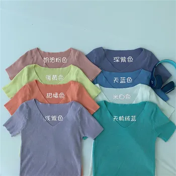 9 spalvų 2020 megzti pasėlių tees moterų Ruožas trumpas rankovės atsitiktinis marškinėliai moteriška camis Mados naujų vasaros cisternų viršūnių R98034