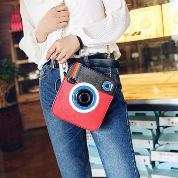 Mados fotoaparato dizainas pu odos animacinių filmų dryžuotas grandinės piniginės ponios pečių maišą rankinėje crossbody krepšys atvartu, 2 spalvų