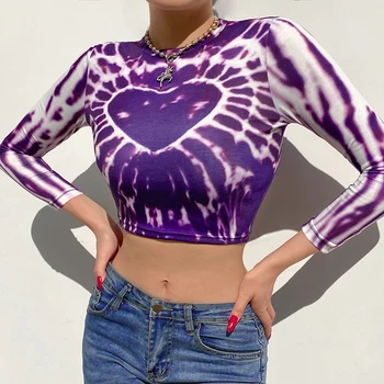 HEYounGIRL Kaklaraištis Dažų Širdį Spausdinti Y2K Pasėlių Top Marškinėliai Rudenį ilgomis Rankovėmis Atsitiktinis Marškinėliai Moterims Mada Violetinė T-shirt Ladies 2021