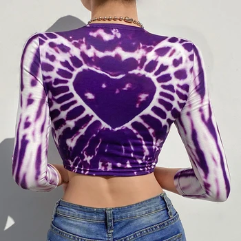 HEYounGIRL Kaklaraištis Dažų Širdį Spausdinti Y2K Pasėlių Top Marškinėliai Rudenį ilgomis Rankovėmis Atsitiktinis Marškinėliai Moterims Mada Violetinė T-shirt Ladies 2021