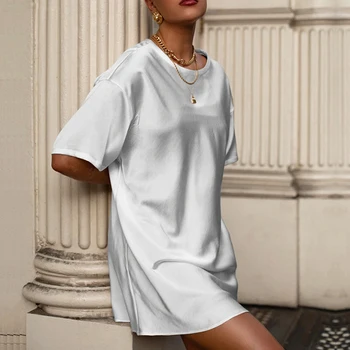 Atsitiktinis Palaidų Kietas T-Shirt Dress Moterų 2020 M. Vasarą Trumpomis Rankovėmis Šilko Šalis Suknelė Elegantiškas O Kaklo Mini Suknelės Vestidos Streetwear