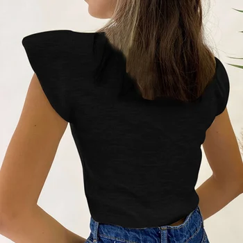 Paminkštinti Pečių Megzti Trumpas moteriški marškinėliai Vasaros Kietas Golfo Moterų Apkarpyti Viršūnes 2021 Tendencija Atsitiktinis Slim Ponios T-shirt