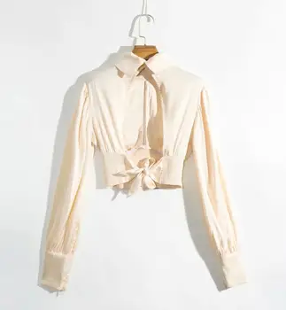 Elegantiškas moteriškos palaidinės ir marškinėliai, tuščiaviduriai iš blusa feminina backless viršūnes prancūzijos moterų palaidinė šilko-kaip satino apkarpytos marškinėliai