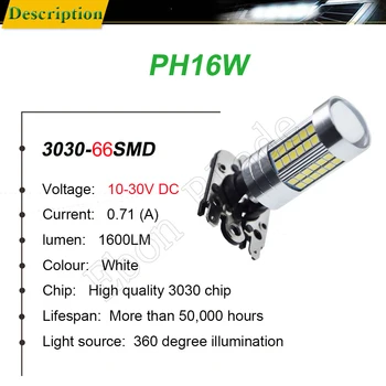 2 X 6000K Balta PH16W Auto LED DRL 3030 66SMD Didelės Galios Canbus Automobilių, LED Lemputes, Atsarginė Lemputė, Atbulinės Lempos Šviesos Šaltinis 12V 24V DC