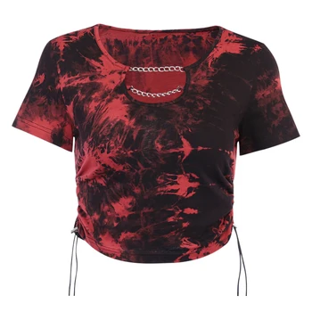 InsGoth Tuščiaviduriai Iš T-marškinėliai Moterims Harajuku Gotikos Raudonas Ir Juodas Kaklaraištis Dažų Grandinėje Trumpas Rankovės Raišteliu Tshirts Moterų Atsitiktinis Viršūnės
