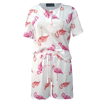 Vasarą V-Kaklo Flamingo Animacinių filmų Spausdinti Moterų Pižama Nustatyti Trumpas Rankovės Trumpos Kelnės, Raišteliu Dviejų dalių Naktį Suknelė Tiktų