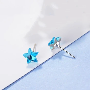 Vienintelis Atminties Paprasta korėjos Mėlyna penkiakampė Žvaigždė Crystal 925 Sterlingas Sidabro Temperamentas Mados Moterų Stud Auskarai SEA385