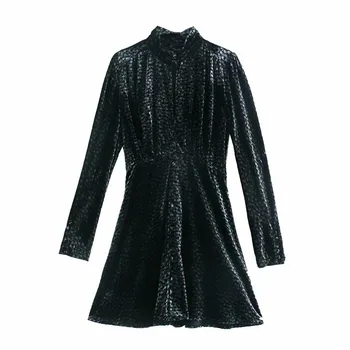 Za Moterų Derliaus Aksomo Spausdinti Mini Suknelė 2020 Ilgomis Rankovėmis Golfo Elegantiškas Žiemos Suknelės Moteris, Elegantiškas Plisuotos Office Vestidos