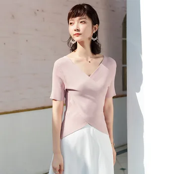 2019 m. pavasario ir vasaros megztiniai t-shirt korėjos moterų temperamentas slim v-kaklo mezgimo marškinėliai feminino megzti marškinėliai SJ1464