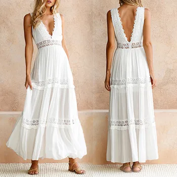 Madingas Seksualus Gilus V-kaklas Elegantiškas Balta Nėrinių Suknelė Backless Tuščiaviduriai iš Vasaros Ilga Suknelė 4 spalvų 2020 moterų vasaros suknelės