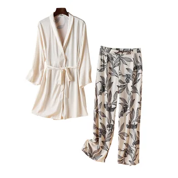 Vasaros Plonas Moterys ilgomis rankovėmis Pižama Kelnės V-Kaklo Šilko-kaip Pijama Mujer Sleepwear Plius Dydžio Spausdinimas Satino Sleepwear 2 Rinkinys