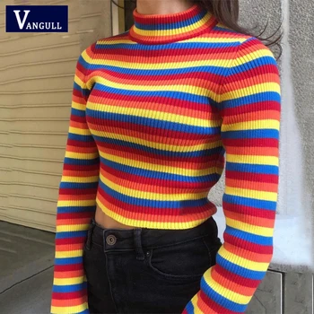 Vangull Vaivorykštės juostos moterų megztinis megztinis trikotažas mada slim seksualus moterų roláky megztiniai ir puloveriai) su spalvinga traukti