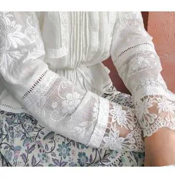 TEELYNN ilgomis Rankovėmis balta nėrinių Palaidinės, Marškinėliai moterims derliaus gėlių Siuvinėjimas kutas nėrinių palaidinė Top Boho 2020 m. rudenį blusas