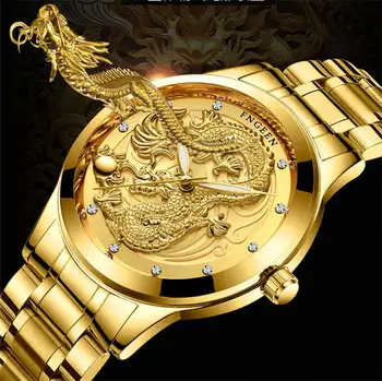 Relogio masculino originali vyrų laikrodžiai golden dragon skulptūra kvarco žiūrėti FNGEEN prabanga mens nerūdijančio plieno sporto laikrodis