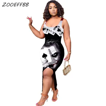 ZOOEFFBB Seksualus Plius Dydis Pokerio Print Long Maxi Suknelė Moterims Vasaros Drabužių Bodycon Vestidos Pusės Split Naktį Šalies Klubas Suknelės
